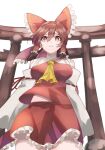 1girl amateru ascot bow breasts brown_hair commentary detached_sleeves frilled_bow frilled_hair_tubes frilled_skirt frills hair_bow hair_tubes hakurei_reimu highres large_breasts long_hair looking_at_viewer red_bow red_eyes red_skirt ribbon-trimmed_sleeves ribbon_trim simple_background skirt skirt_set solo torii touhou white_background yellow_ascot 