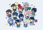  6+boys animal_ears aqua_eyes aragami_oga arurandeisu astel_leda black_hair black_hat blonde_hair blue_cape blue_eyes blue_hair blush_stickers cape chibi chibi_only commentary confetti dark-skinned_male dark_skin demon_horns everyone eyepatch glasses green_eyes grey_hair hair_ornament hair_over_one_eye hairclip halo hanasaki_miyabi hat heterochromia hitodama holding holding_star holostars holostars_idol_uniform_(1st_act) holostars_idol_uniform_(2nd_act) holostars_idol_uniform_(movin_on) horns jackal_boy jackal_ears kageyama_shien kanade_izuru kishido_temma lightning_bolt_hair_ornament lightning_bolt_symbol male_focus minase_rio mini_hat mini_top_hat mole mole_under_eye multicolored_hair multiple_boys official_alternate_costume open_mouth orange_cape orange_eyes orange_hair peaked_cap pink_hair purple_eyes purple_hair red_hair rikka_(holostars) round_eyewear single_horn smile star_(symbol) top_hat untranslatable_commentary uproar_(holostars)_idol_uniform utsugi_uyu virtual_youtuber white_hair wiwiii yatogami_fuma yellow_cape yellow_eyes yukoku_roberu 
