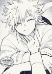  1boy 1other :< animal_ear_fluff animal_ears bakugou_katsuki boku_no_hero_academia cat_boy cat_ears closed_mouth collared_shirt commentary_request crossed_arms ears_down frown greyscale happy_aura highres kemonomimi_mode male_focus monochrome one_eye_closed parted_bangs pov pov_hands shirt short_hair solo_focus spiked_hair subgenjin1600 tail watermark wing_collar 