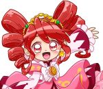  1girl :d arm_up bell_sleeves blush bow chest_bow commentary compact_(cosmetics) cosmetics crest dress drill_hair earrings fine_(fortune_princess)_(futagohime) fine_(futagohime) frilled_dress frilled_sleeves frills fushigiboshi_no_futago_hime gold_tiara hair_between_eyes hair_ornament heart heart_print high_collar highres jewelry layered_dress long_hair long_sleeves looking_at_viewer magical_girl medium_dress open_mouth outstretched_arm pink_dress print_dress red_eyes red_hair simple_background sleeves_past_wrists smile solo sparkle sparkling_hair star_(symbol) star_earrings star_hair_ornament sun_print sunny_luce supportasse swept_bangs tiara twin_drills user_ucgx3542 white_background white_bow wide_sleeves 