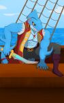 abs absurd_res anthro aquatic belt biceps biped boots bottomwear bulge clothing coat drakorg fish footwear front_view hi_res male male_anthro markings melee_weapon muscular muscular_anthro muscular_male pants pecs piercing rivals_of_aether sea shark shipwreck shoes slade_(dungeons_of_aether) smile smirk solo sword topwear water weapon yellow_eyes
