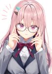  1girl absurdres adjusting_eyewear black-framed_eyewear blush bow bowtie breasts collared_shirt commentary eyelashes eyes_visible_through_hair glasses grey_jacket hair_between_eyes hair_ornament hairclip hands_up harumi_ena highres jacket large_breasts limelight_lemonade_jam long_hair long_sleeves looking_at_viewer nodoameyatou notice_lines open_mouth parallel_hairclips pink_hair purple_eyes red_bow red_bowtie school_uniform shirt simple_background solo tsurime upper_body very_long_hair white_background white_shirt 