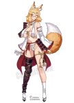  1girl animal_ear_fluff animal_ears armor between_fingers blonde_hair braid breast_curtains breasts cleavage commentary commission detached_sleeves english_commentary fox_ears fox_girl fox_tail full_body fundoshi hakama highres holding holding_ofuda huge_breasts japanese_armor japanese_clothes kote kusazuri leg_ribbon looking_at_viewer medium_hair mole mole_on_breast navel nontraditional_miko ofuda ofuda_between_fingers original red-framed_eyewear red_hakama revealing_clothes ribbon ribbon-trimmed_sleeves ribbon_trim rioooo rope semi-rimless_eyewear side_braid signature smile socks solo suneate tachi-e tail thigh_ribbon twitter_username white_socks wide_sleeves 
