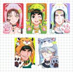  1girl 4boys animal_hands animal_hood bandaid bandaid_on_cheek bandaid_on_face bandaid_on_forehead black_eyes black_hair black_nails blunt_bangs blush bowl_cut brown_hair cat_hood cheekbones choker closed_mouth collar commentary double_bun eyepatch fingerless_gloves gloves grey_eyes grey_hair grid_background hair_between_eyes hair_bun hair_ornament hairclip hatake_kakashi heart heart_choker highres hood hyuuga_neji light_frown long_hair lower_eyelashes_only m0_mo_momo medical_eyepatch might_guy multiple_boys nail_polish naruto_(series) naruto_shippuuden one_eye_closed open_mouth parted_bangs paw_gloves paw_pose pendant_choker rock_lee scar scar_across_eyebrow scar_on_face short_hair sigh smile sparkle spiked_collar spikes tenten_(naruto) thick_eyebrows tiger_hood upper_body wolf_hood 