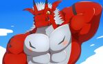 anthro bandai_namco biceps big_snout digimon digimon_(species) dragon drakorg growlmon hair hi_res male markings muscular muscular_male mythological_creature mythological_scalie mythology nipples pecs scalie solo yellow_eyes