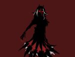  1girl arrow_print blood blood_from_eyes blood_on_arm commentary cowboy_shot dress english_commentary eyed_silhouette fingernails highres horns kijin_seija long_hair looking_ahead looking_at_viewer multicolored_hair occultonic red_background red_eyes red_hair red_theme sharp_fingernails silhouette simple_background solid_eyes solo streaked_hair touhou white_hair 