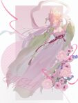  111_(xiaohongshu_42783194882) 1girl absurdres bell breasts character_name chinese_commentary commentary_request diamond-shaped_pupils diamond_(shape) elf elysia_(hi_love_elf)_(honkai_impact) elysia_(honkai_impact) elysia_(lunar_grace)_(honkai_impact) feixianji_(hairstyle) flower hair_bell hair_flower hair_ornament hair_rings highres honkai_(series) honkai_impact_3rd large_breasts long_hair looking_at_viewer official_alternate_costume pink_flower pink_hair pink_rose pointy_ears purple_eyes rose shuangyaji smile solo symbol-shaped_pupils very_long_hair 