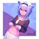  1girl :q animal_ear_fluff animal_ears black_hairband cat_ears cat_girl clothes_lift commentary_request crossed_bangs hair_between_eyes hairband hatomugi_seika highres hololive lifting_own_clothes long_sleeves looking_at_viewer navel nekomata_okayu nekomata_okayu_(school_uniform) purple_eyes purple_hair sailor_collar shirt_lift short_hair shorts solo stomach tongue tongue_out virtual_youtuber white_sailor_collar white_shorts 