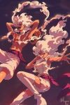  1boy 1girl ^_^ alternate_form arms_behind_head closed_eyes commentary hat highres jewelry_bonney karpovakseni monkey_d._luffy one_piece pink_eyes purple_sash sash scar scar_on_chest scar_on_face shorts smile straw_hat thighhighs topless_male twitter_username white_hair white_shorts white_thighhighs 