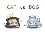  2girls :< :3 ahoge animal_ear_fluff animal_ears blue_archive blue_eyes blue_halo blue_scarf blush_stickers cat_ears cat_girl cat_tail chibi chibi_only commentary cross_hair_ornament english_text flower frown grey_hair hair_ornament halo highres hood ishikoro24 long_hair mari_(blue_archive) multiple_girls nun orange_hair puff_of_air scarf shiroko_(blue_archive) short_hair simple_background sitting smile tail untranslatable_commentary white_background wolf_ears wolf_girl wolf_tail yellow_halo 