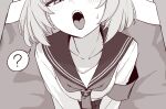  1girl ? armband blue_archive blush commentary_request korean_commentary long_sleeves looking_at_viewer monochrome neckerchief niko_(blue_archive) open_mouth pleated_skirt sailor_collar school_uniform serafuku shirt short_hair skirt solo spoken_question_mark teeth upper_teeth_only yusang 