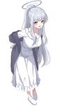  absurdres blue_archive blue_halo blush breasts cardigan cardigan_partially_removed choon_sik2 commentary_request dot_nose full_body grey_cardigan grey_hair halo happy high_ponytail highres large_breasts long_hair looking_at_viewer mechanical_halo metal_halo nightgown noa_(blue_archive) noa_(pajamas)_(blue_archive) open_mouth ponytail purple_eyes simple_background slippers standing white_background white_nightgown white_slippers 