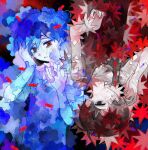  2boys alternate_color alternate_hair_color antenna_hair black_tank_top blue_hair blue_sweater_vest closed_mouth collared_shirt colored_skin commentary crying crying_with_eyes_open dual_persona english_commentary expressionless hair_between_eyes hand_in_own_hair leaf limited_palette looking_at_viewer male_focus multiple_boys omori omori_(omori) parted_lips polar_opposites red_eyes rotational_symmetry rou_(h_s_sinrin) sad shirt short_hair short_sleeves sunny_(omori) sweater_vest tank_top tears upper_body upside-down white_shirt white_skin 