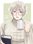  1boy axis_powers_hetalia blush book bookmark border commentary_request cropped_torso cup glasses green_background grey-framed_eyewear grey_hair hands_up harutoro_39487 highres holding holding_book holding_cup long_sleeves looking_at_viewer male_focus open_mouth outside_border puffy_long_sleeves puffy_sleeves purple_eyes round_eyewear russia_(hetalia) short_hair simple_background smile solo sweater teeth tongue turtleneck turtleneck_sweater upper_body white_border white_sweater 