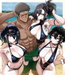  1boy 3girls absurdres arm_hug averting_eyes bikini black_bikini black_choker black_hair black_nails black_one-piece_swimsuit blue_eyes blue_hair blush border breast_press breast_tattoo breasts brown_hair center_opening choker colored_inner_hair commentary_request commission earrings eyewear_on_head frown girl_sandwich goth_fashion green_eyes green_hair hair_between_eyes hair_over_one_eye halterneck hand_on_another's_shoulder highres huge_breasts jewelry large_breasts looking_at_another mole mole_under_eye mole_under_mouth multicolored_hair multiple_girls o-ring o-ring_bikini o-ring_bottom o-ring_top one-piece_swimsuit original outside_border plunging_neckline red_eyes sandwiched short_hair short_hair_with_long_locks side_ponytail smile spanish_commentary standing stud_earrings sunglasses swimsuit tattoo vlizz wavy_mouth white_border 
