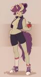 1_horn 2022 anthro apple biped blush blush_lines bottomwear breasts clothed clothed_anthro clothed_female clothing collarbone digital_drawing_(artwork) digital_media_(artwork) english_description equid equine eye_through_hair eyebrow_through_hair eyebrows eyelashes fan_character female food footwear friendship_is_magic fruit full-length_portrait hair half-closed_eyes hand_in_pants hasbro hi_res holding_apple holding_food holding_fruit holding_object horn inner_boob lavrushka_(oc) looking_at_viewer mammal midriff my_little_pony mythological_creature mythological_equine mythology narrowed_eyes navel plant portrait purple_hair purple_tail red_eyes rexyseven shoes shorts sneakers socks solo sparkles standing tail topwear translucent translucent_hair under_boob unicorn vest