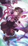  1girl absurdres ahoge arm_up arnold_fland asymmetrical_wings black_dress black_hair black_thighhighs blue_wings blurry blurry_background bow bowtie breasts buttons center_frills commentary dress footwear_bow frills full_body hair_between_eyes highres houjuu_nue leg_up looking_at_viewer medium_breasts open_mouth pointy_ears red_bow red_bowtie red_eyes red_wings short_sleeves signature smile snake solo thighhighs touhou ufo wings 