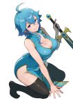  1girl absurdres ahoge ass bare_arms blue_hair blue_tunic blush breasts cleavage commentary commission commissioner_upload dress earrings english_commentary fire_emblem fire_emblem:_genealogy_of_the_holy_war grin groin hand_on_ground hand_up headband highres holding holding_sword holding_weapon jewelry kneeling large_breasts looking_at_viewer mashiroshiro no_panties no_shoes open_clothes original pelvic_curtain popped_collar purple_eyes selia_(mrtalkingdino) sheath sheathed short_hair sidelocks skeb_commission skindentation sleeveless sleeveless_dress smile solo sword thighhighs thighs tomboy transparent_background tunic weapon white_headband 