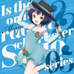 1girl :d album_cover aqua_dress arm_up bare_shoulders black_hat blue_background blue_dress blue_gloves blue_hair blue_ribbon blue_shoes character_name collarbone copyright_name cover dress elbow_gloves english_text fang fingerless_gloves flower gloves gochuumon_wa_usagi_desu_ka? green_dress hat hat_flower hat_ribbon highres holding holding_microphone index_finger_raised jouga_maya leg_up looking_at_viewer microphone official_art open_mouth ribbon shoes short_hair sleeveless sleeveless_dress smile solo standing standing_on_one_leg strap_slip yellow_eyes 