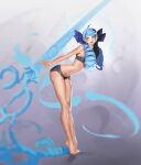  1girl ahoge anatomy_study art_study barefoot black_bra black_panties blue_bow blue_eyes blue_hair blush bow bra breasts commentary drill_hair english_commentary from_side full_body glowing glowing_tattoo grey_background gwen_(league_of_legends) hair_bow highres holding holding_scissors league_of_legends leaning_forward legs long_hair neck_tattoo nosori open_mouth oversized_object panties scissors sidelocks simple_background small_breasts smile solo standing stomach swept_bangs tattoo tiptoes toes turning_head twin_drills underwear underwear_only 