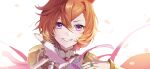  1girl animal_ears armor cape commentary_request gloves grin hair_between_eyes highres horse_ears horse_girl jewelry long_sleeves looking_at_viewer multiple_rings open_mouth orange_hair pink_cape portrait purple_eyes reaching reaching_towards_viewer ring shirt short_hair shoulder_armor smile solo t.m._opera_o_(o_sole_suo!)_(umamusume) t.m._opera_o_(umamusume) teeth toryo_(yukhop_961) umamusume white_shirt 