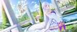  1boy 3girls absurdres beatrice_(re:zero) black_hair blue_hair braid breasts bush cat clothing_cutout commentary crown_braid day elf emilia_(re:zero) english_commentary grey_cat grey_hair hair_ribbon highres large_breasts long_hair low-tied_long_hair mansion multiple_girls natsuki_subaru outdoors pink_hair pointy_ears puck_(re:zero) purple_eyes purple_ribbon ram_(re:zero) re:zero_kara_hajimeru_isekai_seikatsu rem_(re:zero) revision ribbon roswaal_mansion_maid_uniform shoulder_cutout skirt thighhighs very_long_hair waligner water white_skirt white_thighhighs wide_sleeves 