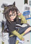  1girl absurdres adjusting_eyewear alternate_costume animal_ear_piercing ankle_socks barcode bespectacled black_hair black_shirt blush brown_eyes character_name commentary_request double-parted_bangs ear_covers english_text full-face_blush glasses green_shirt green_socks grey_pants gul_(parfaitgul) hair_between_eyes highres horse_girl horse_tail jewelry label layered_sleeves licking_lips long_hair long_sleeves looking_at_viewer multicolored_hair necklace one_eye_closed pants shadow shirt shoes short_over_long_sleeves short_sleeves sidelocks sitting sleeves_past_wrists sneakers socks solo stay_gold_(umamusume) streaked_hair t-shirt tail tongue tongue_out umamusume very_long_hair white_hair white_shoes 