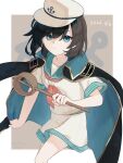  1girl 2026 anchor_symbol aqua_eyes black_coat black_hair border coat coat_on_shoulders commentary_request dated expressionless gold_trim grey_background highres hishaku holding holding_ladle ladle looking_at_viewer murasa_minamitsu neckerchief red_neckerchief shirt short_hair short_sleeves shorts solo touhou twitter_username white_border white_shirt white_shorts yakubyougami_(user_hdjz8322) 