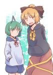  2girls :d adapted_costume adversarial_noise antennae aqua_background arms_behind_back black_hoodie blonde_hair blue_shorts border bow bowtie brown_bow brown_skirt commentary_request feet_out_of_frame green_eyes green_hair grey_hoodie hair_bow hands_in_pockets hood hoodie kurodani_yamame light_blush multiple_girls open_mouth ponytail rangycrow red_eyes short_hair shorts skirt smile touhou white_border wriggle_nightbug yellow_bow yellow_bowtie 