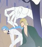  2boys bankai beard_stubble bleach bleach:_sennen_kessen-hen blecc0na blonde_hair blue_eyes blue_hair building closed_mouth collarbone doll_joints facial_hair feet_out_of_frame fighting_stance floating_hair green_kimono grey_eyes grimmjow_jaegerjaquez hair_between_eyes highres hole_in_stomach japanese_clothes joints kannonbiraki_benihime_aratame_(bankai) kimono leaning_forward long_hair long_sleeves looking_ahead male_focus medium_hair multiple_boys nose open_clothes open_kimono outdoors parted_lips profile puppet resurreccion sitting spiked_hair stitched_face stitches stubble urahara_kisuke very_long_hair wide_sleeves 
