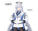  1girl absurdres alternate_legwear angry black_halo black_pantyhose blue_archive blue_necktie blunt_bangs body_switch choon_sik2 commentary_request halo hand_on_own_hip headgear highres jacket korean_commentary korean_text long_hair mechanical_halo necktie noa_(blue_archive) open_mouth pantyhose personality_switch shirt sidelocks simple_background skirt solo speech_bubble suit very_long_hair white_background white_hair white_jacket white_shirt white_skirt white_suit yuuka_(blue_archive) 