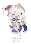  1girl :3 :d ^_^ absurdres blush boots bread bread_slice closed_eyes commentary_request double-parted_bangs drop_shadow food full_body genshin_impact hair_between_eyes halo highres holding holding_food long_sleeves no1shyv open_mouth paimon_(genshin_impact) romper short_hair simple_background single_thighhigh smile solo sparkle_hair_ornament thighhighs toast translation_request white_background white_boots white_hair white_romper white_thighhighs yellow_halo 