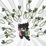  1boy absurdres black_hair black_jacket black_pants black_socks blue_eyes chibi chibi_only cookiejellyking demon_slayer_uniform food full_body hair_between_eyes haori high_collar highres jacket japanese_clothes kimetsu_no_yaiba legs_apart long_hair looking_at_viewer low_ponytail male_focus pants ponytail red_haori sandals socks solo spiked_hair tomioka_giyuu vegetable 