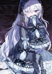  1girl absurdres bare_shoulders black_ribbon blue_dress blue_hairband bow brick_wall commentary dress dress_bow frilled_dress frilled_hairband frilled_skirt frilled_sleeves frills gothic_lolita greyrat_(pixiv_47357761) hair_over_one_eye hair_ribbon hairband highres lolita_fashion lolita_hairband long_hair long_sleeves looking_at_viewer mahou_shoujo_no_majo_saiban natsume_an-an off-shoulder_dress off_shoulder polka_dot polka_dot_bow purple_eyes ribbon sitting skirt sleeve_bow sleeves_past_fingers sleeves_past_wrists solo white_hair wide_sleeves 
