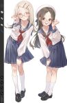  2girls adjusting_eyewear black_shoes blonde_hair blue_sailor_collar blue_skirt brown_hair commentary_request full_body gakuen_idolmaster hair_ornament hairclip happy hat highres idolmaster image_editing_program kuramoto_china leaning_forward long_hair looking_at_viewer multiple_girls neckerchief open_mouth parted_bangs parted_lips pleated_skirt red-framed_eyewear red_neckerchief sailor_collar sailor_hat school_uniform serafuku shinosawa_hiro shirt shoes simple_background skirt smkkkk socks standing sweatdrop teeth upper_teeth_only white_background white_hat white_shirt white_socks 