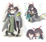  2girls absurdres arknights arknights:_endfield bare_shoulders black_hair black_pantyhose black_shoes black_sleeves blue_hair chibi closed_eyes closed_mouth coat colored_inner_hair commentary_request crying detached_sleeves dragon_bean_(arknights) dress endministrator_(arknights) female_endministrator_(arknights) green_dress grey_coat grey_eyes hair_ornament heart highres horns hug long_dress long_hair long_sleeves multicolored_hair multiple_girls multiple_views open_clothes open_coat pantyhose pointy_ears red_hair red_horns ribbed_sweater rinereeto shoes short_hair smile squeans streaked_hair sweater translation_request turtleneck turtleneck_sweater white_background white_sweater yuri zhuang_fangyi_(arknights) 
