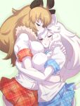  2girls absurdres animal_ears breasts brown_hair closed_eyes commentary_request elbow_gloves extra_ears gloves green_background highres kemono_friends large_breasts lion_(kemono_friends) lion_ears lion_girl lion_tail long_hair lowlandgorilla multiple_girls necktie shirt simple_background skirt tail white_hair white_lion_(kemono_friends) 