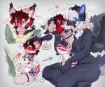 anthro big_breasts bisexual_male breasts canid canid_demon canine curved_horn demon duo feathered_wings feathers female femboy furgonomic_piercing furgonomics genitals hair harness heart_symbol hellhound hi_res horn horn_jewelry horn_piercing horn_ring humanoid_genitalia humanoid_penis inner_ear_fluff jewelry larger_female long_tongue male male/female male/male mammal moan mythological_canine mythological_creature mythology oral penis piercing red_hair ring_(jewelry) sex size_difference swaybat tongue tongue_out tongue_piercing tonguejob tuft white_hair wings