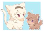  ! animal animal_focus animal_with_hair animalization black_hairband blue_background blush border brown_dog brown_hair cat closed_mouth commentary dog hairband long_hair looking_at_another mouth_hold nako_(user_wnnm5534) no_humans outside_border purple_eyes saijo_claudine shoujo_kageki_revue_starlight simple_background tail tail_wagging tendo_maya white_border 