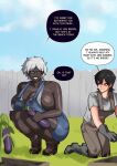  1boy 1girl black_boots black_gloves black_hair blue_overalls boots breasts brown_boots brown_overalls dark-skinned_female dark_skin day eggplant futanari gelatomusume glasses gloves grass grey_shirt grin highres holding kneeling large_breasts looking_at_another miranda_(gelatomusume) original outdoors overall_shorts overalls penis shirt short_sleeves smile speech_bubble squatting very_dark_skin white_hair 
