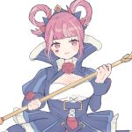  1girl :3 blue_dress blunt_bangs breasts cleavage commentary_request cross-laced_clothes cross-laced_dress dress facial_mark fire_emblem fire_emblem_engage flower folded_twintails fur_wrist_cuffs hair_flaps hair_rings heart heart_facial_mark highres holding holding_staff hortensia_(fire_emblem) multicolored_hair multicolored_tiara pink_eyes pink_hair rose sesese_3110 sidelocks simple_background small_breasts smile solo staff striped_clothes striped_dress two-tone_hair vertical-striped_clothes vertical-striped_dress white_background wrist_cuffs 