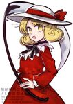  1girl blonde_hair bow commentary_request curly_hair dress elly_(touhou) hat hat_bow highres holding holding_scythe long_sleeves red_bow red_dress scythe simple_background smile solo tama_(hiroshige_36) touhou touhou_(pc-98) twitter_username watermark white_background white_hat yellow_eyes 