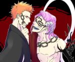  2boys :d black_fire black_kimono black_sclera bleach bleach:_epilogue blecc0na brown_eyes chest_tattoo closed_mouth collarbone colored_sclera curled_horns demon_boy demon_horns evil_smile eye_contact face-to-face facial_mark facial_tattoo fire from_side frown hand_on_another's_chin hand_up horns japanese_clothes kimono kurosaki_ichigo looking_at_another male_focus medium_hair multiple_boys nose open_mouth orange_hair outline pink_hair profile red_background short_hair simple_background single_sidelock smile spiked_hair szayelaporro_granz tattoo teeth topless_male tsurime upper_body v-shaped_eyebrows white_outline 