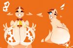  1girl animal_print backboob bell bikini blending body_freckles breasts commentary cow_print cow_print_bikini cowbell cremia double_v english_commentary freckles from_behind highres huge_breasts legendofnerd long_hair looking_at_viewer multiple_views navel neck_bell notice_lines one_eye_closed open_mouth orange_background orange_hair pointy_ears print_bikini simple_background smile stomach swimsuit the_legend_of_zelda the_legend_of_zelda:_majora's_mask v 