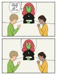2025 absurd_res ambiguous_gender bed bed_covers bedding black_clothing black_topwear blush blush_lines bodily_fluids bonnymama7 brown_hair clothed clothed_ambiguous clothed_human clothed_humanoid clothing comic dialogue digital_drawing_(artwork) digital_media_(artwork) elphaba_(bonnymama7) end_page english_text female_(lore) front_view furniture green_body green_clothing green_topwear group hair half-length_portrait hi_res human humanoid humanoid_pointy_ears interlocked_fingers lying lying_on_bed mammal medium_comic nervous nervous_sweat on_back on_bed on_side pillow pointy_ears portrait realization red_hair shocked sleeping speech_bubble sweat sweaty_face text topwear trio wide_eyed yellow_clothing yellow_topwear