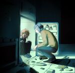  2boys blue_hair blue_pants bob_cut cake can commentary food full_body gakuran glasses in_container in_refrigerator kitchen long_sleeves male_focus multiple_boys no_shoes nyon_(randal's_friends) orange_hair pants plate randal's_friends randal_ivory refrigerator school_uniform shirt shoes sitting socks squatting ssos_o19 stove unworn_shoes white_socks yellow_shirt 