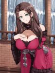  1girl bare_shoulders breasts brick_wall brown_hair cleavage closed_mouth commentary detached_sleeves dorothea_arnault dorothea_arnault_(timeskip) dress earrings english_commentary fgsketch fire_emblem fire_emblem:_three_houses green_eyes hand_on_own_chest highres jewelry large_breasts leaning_forward long_hair long_sleeves looking_at_viewer red_dress slit_pupils solo water waterfall wide_hips wide_sleeves 
