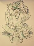  1boy amami_rantaro antenna_hair book book_stack bracelet closed_mouth collarbone commentary_request crossed_ankles danganronpa_(series) danganronpa_v3:_killing_harmony dripping empty_picture_frame full_body hair_between_eyes happy highres holding holding_picture_frame jewelry lineart looking_at_viewer male-female_symbol map messy_hair multiple_bracelets multiple_rings pants pendant picture_frame ring shirt shiruko_(mikan4649) shoes short_hair short_sleeves sitting smile sneakers solo straight-on x_(symbol) 