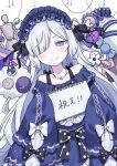 1girl bare_shoulders blue_dress blue_hairband bow candy check_translation commentary_request crescent crescent_necklace drawing_mannequin dress dress_bow food frilled_dress frilled_hairband frilled_sleeves frills gothic_lolita hair_over_one_eye hairband highres holding holding_sketchbook jewelry lolita_fashion lolita_hairband long_hair long_sleeves looking_at_viewer mahou_shoujo_no_majo_saiban mumesan2 natsume_an-an necklace off-shoulder_dress off_shoulder polka_dot polka_dot_bow purple_eyes sketchbook sleeve_bow sleeves_past_fingers sleeves_past_wrists smile solo stuffed_animal stuffed_sheep stuffed_toy translation_request upper_body white_background white_hair wide_sleeves 