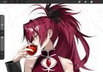  1girl apple art_program_in_frame bare_shoulders black_bow bow chest_jewel collared_dress dress food fruit gem hair_bow haruno0629 highres holding holding_food holding_fruit long_hair magical_girl mahou_shoujo_madoka_magica mahou_shoujo_madoka_magica_(anime) open_mouth ponytail procreate_(medium) procreate_(software) profile red_dress red_eyes red_gem red_hair sakura_kyoko sakura_kyoko_(magical_girl) screenshot sleeveless sleeveless_dress solo unfinished white_background 